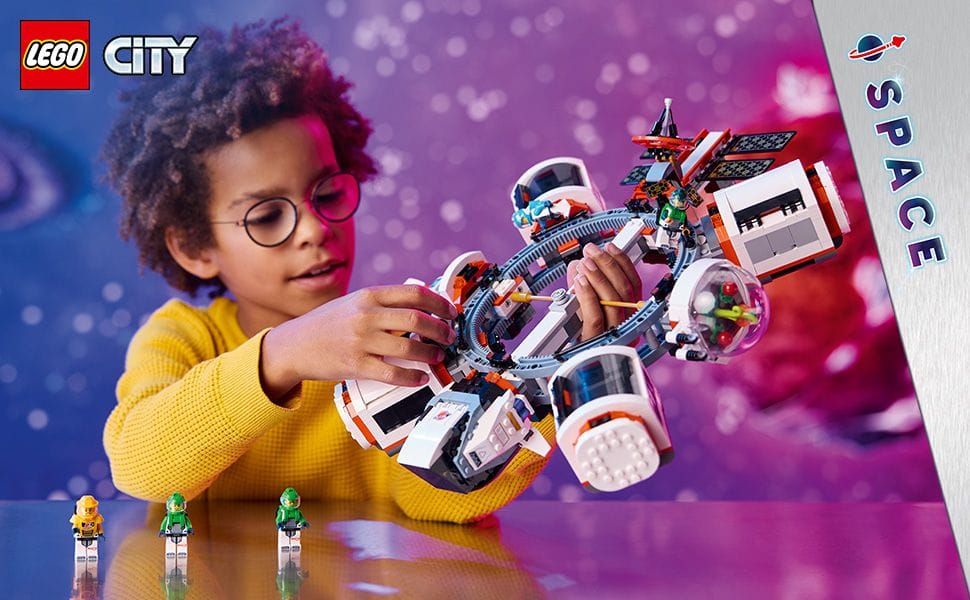 A graphic of the LEGO 60433 City Modular Space Station with Space Shuttle Toy set with a purple and blue background