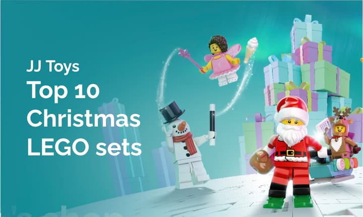 JJ Toys Top 10 Christmas LEGO Sets graphic with blue background showing LEGO Father Christmas